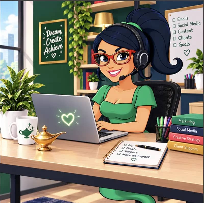 The Genie at her desk in a headset, smiling over her laptop, with a notebook that reads Plan, Create, Support, Make an impact.