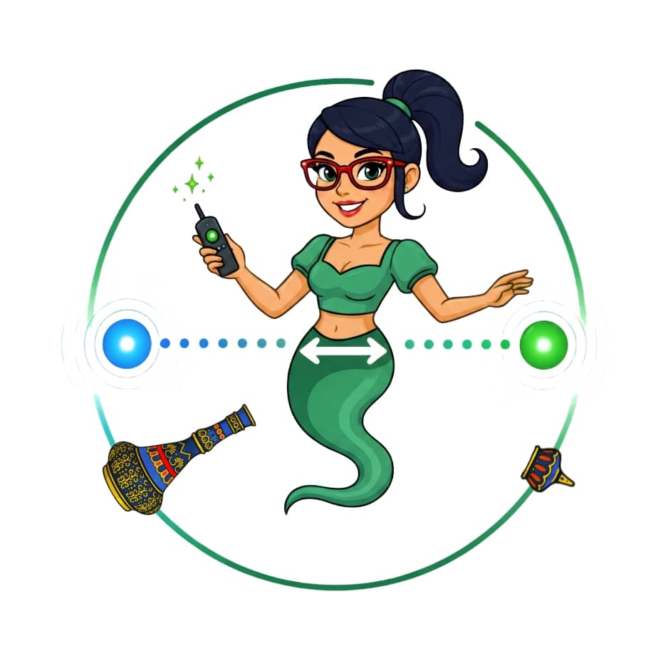 The Genie holding a remote beside a light bar, a dot travelling from blue to green, her bottle at her feet.