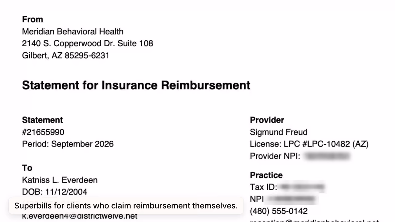 A monthly superbill statement for insurance reimbursement, scrolling from the practice and client details to the dated services (identifier numbers blurred).