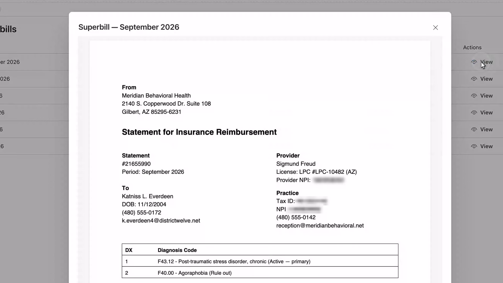 A monthly superbill statement for insurance reimbursement, scrolling from the practice and client details to the dated services (identifier numbers blurred).