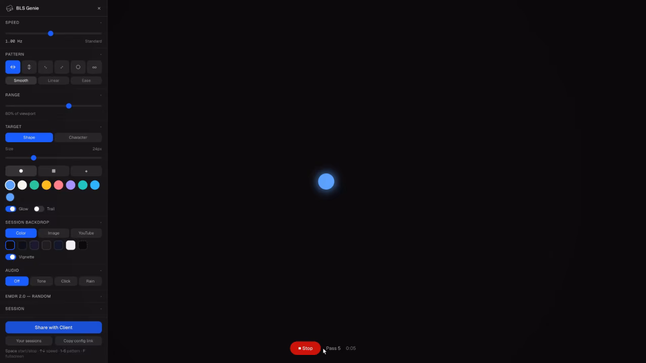 BLS Genie running: a glowing dot sweeps left and right across a dark screen beside its settings panel.