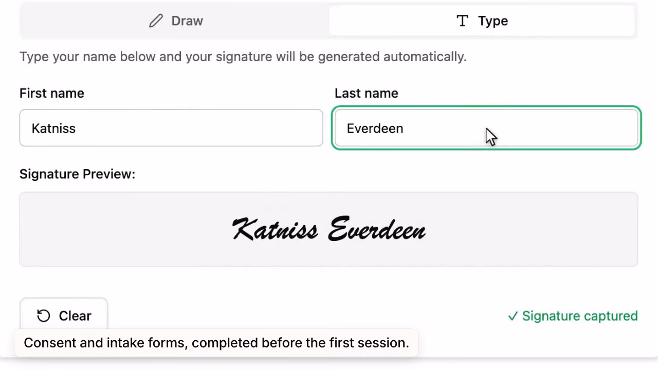 A client types a signature on a consent form in the portal and submits it.