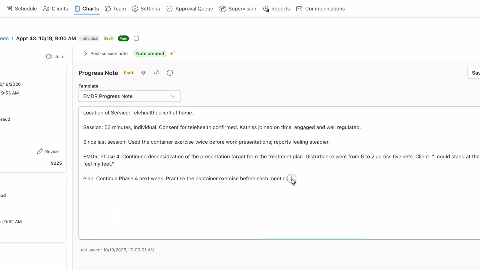 A clinician adds one sentence to a drafted note and clicks Sign and Save; the note shows Note Complete and the signature line.