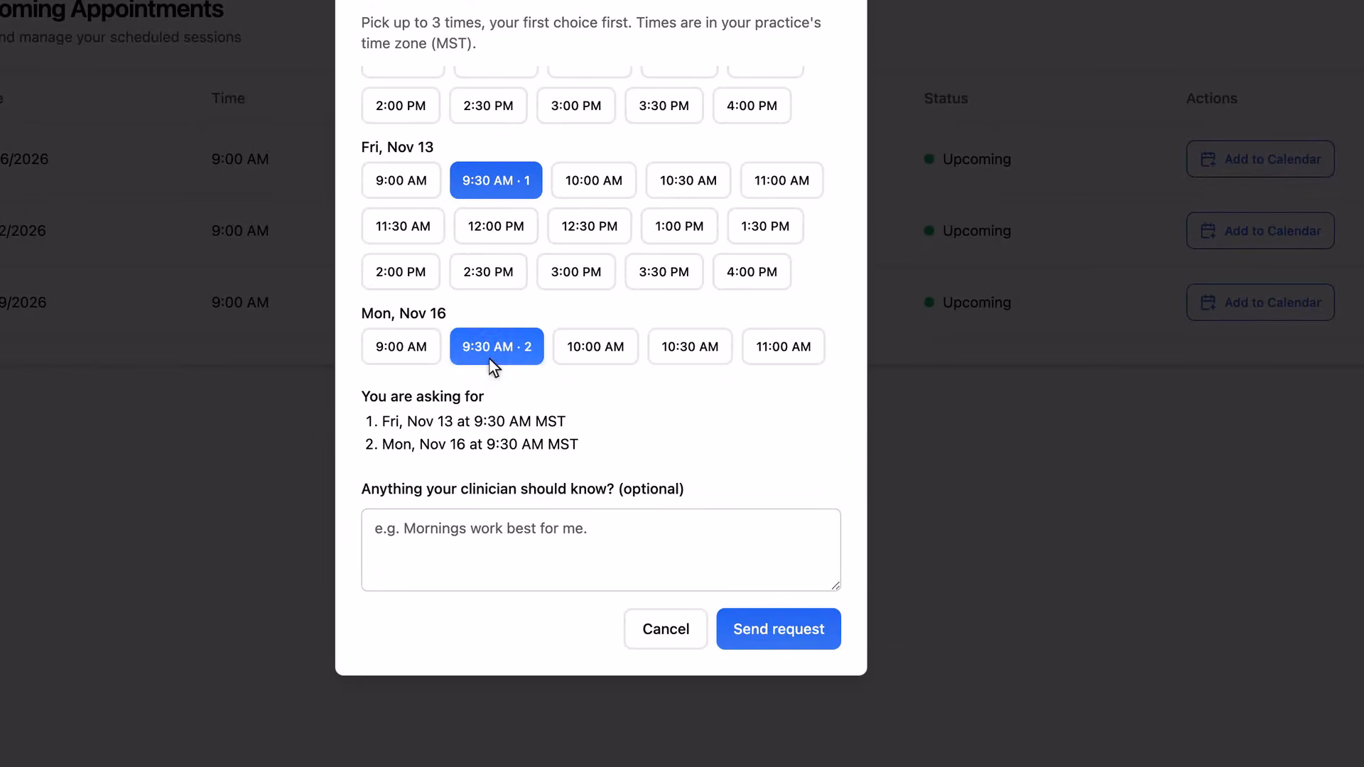 In the client portal, a client picks two times, adds a note and sends a session request, which then waits for the practice.