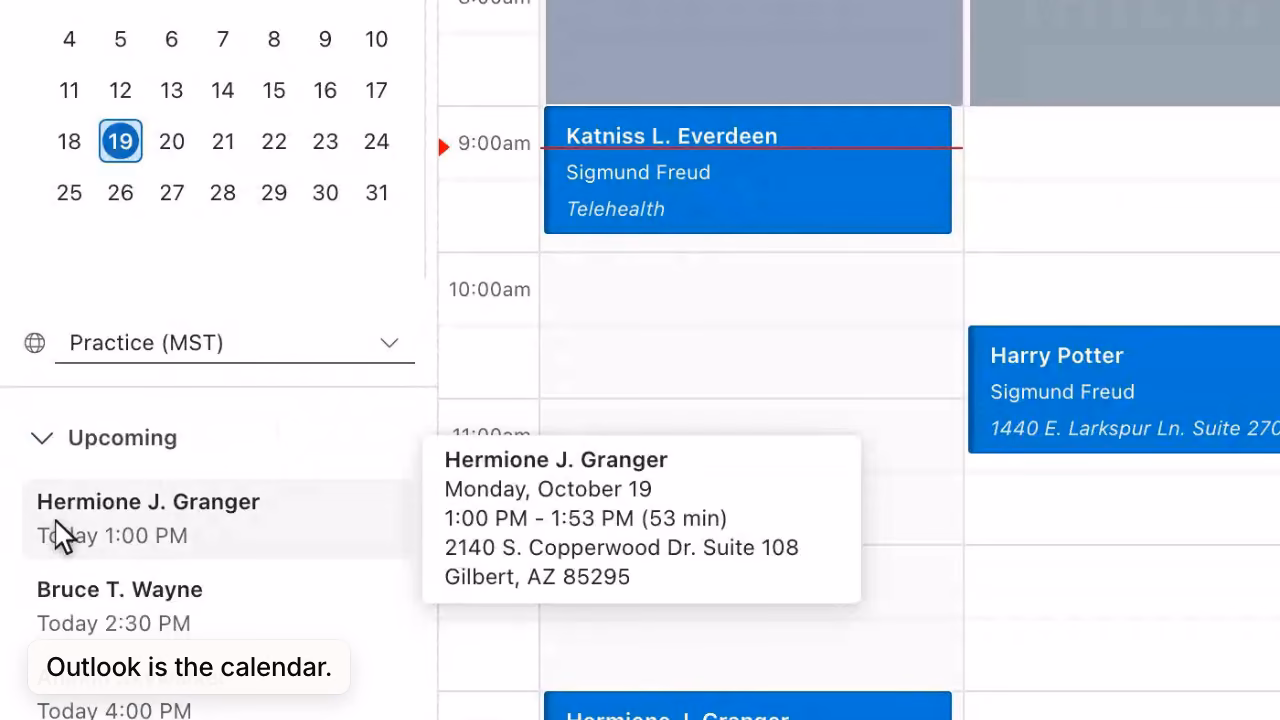 A clinician's week in the Therapist Genie schedule, with today's telehealth session and the Upcoming list.