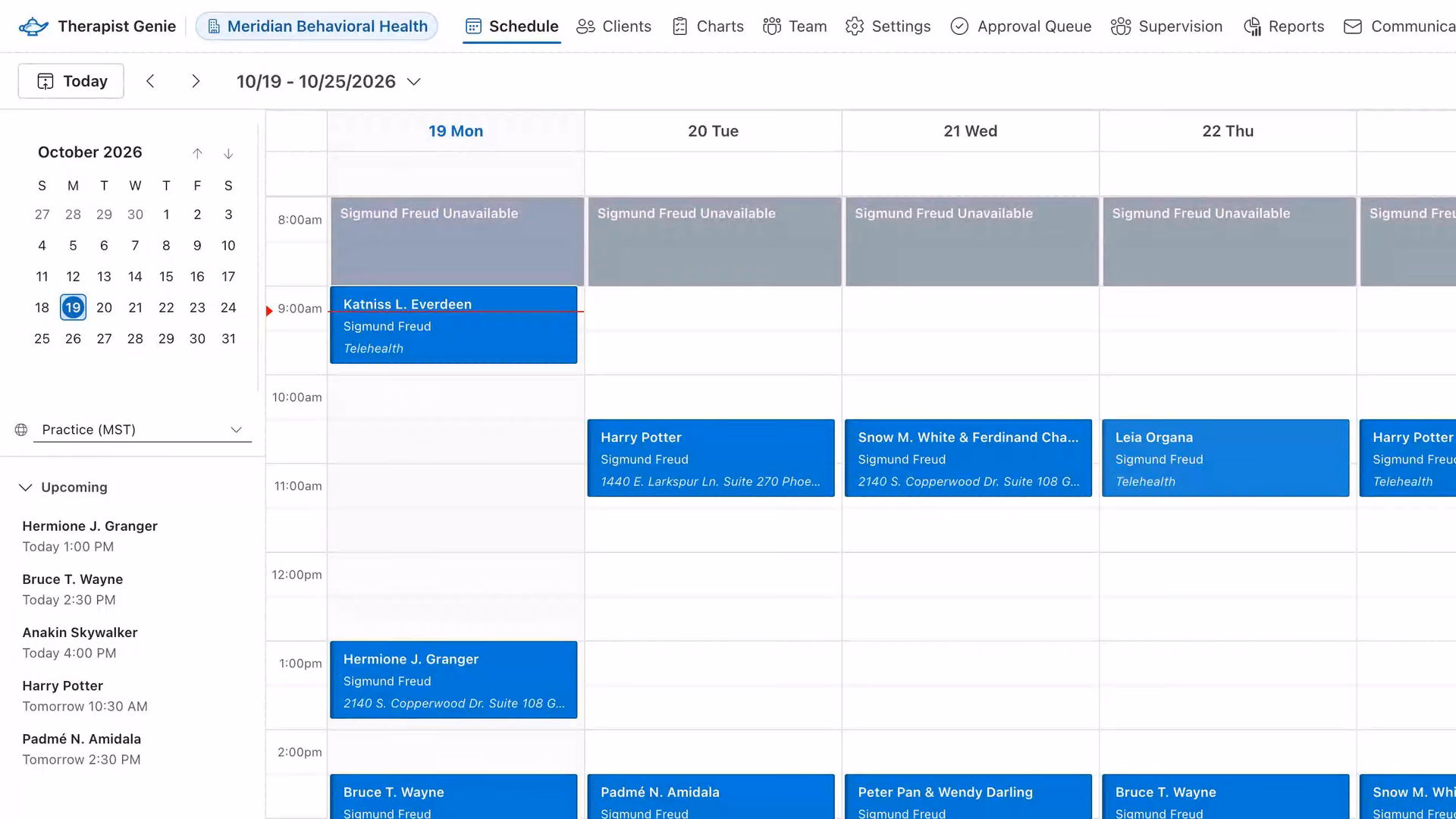 A clinician's week in the Therapist Genie schedule, with today's telehealth session and the Upcoming list.