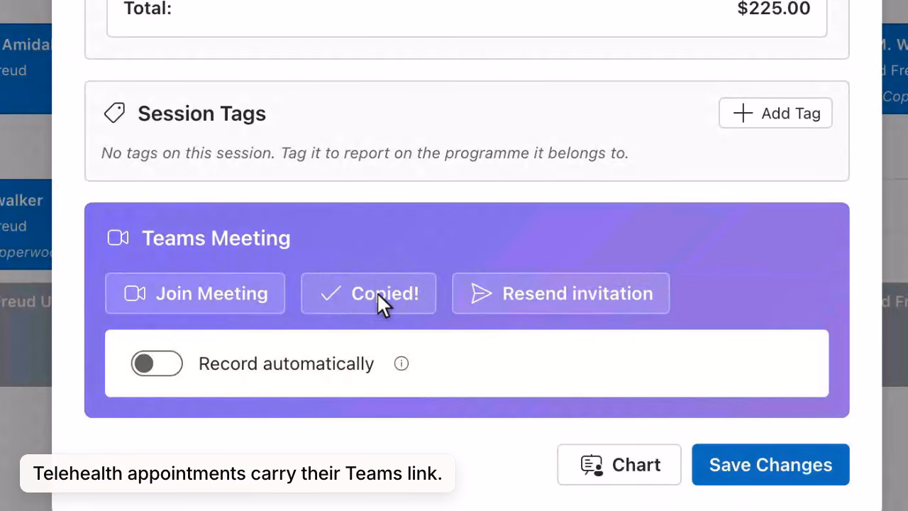 An appointment's Teams Meeting card; Copy Link changes to Copied! when clicked.