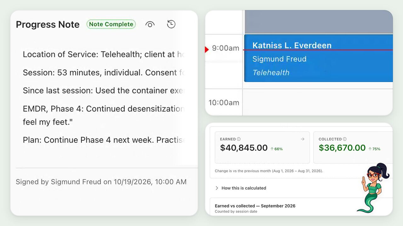 The product tour’s cover: three Therapist Genie® screens with demo data, a signed progress note, the week’s schedule with a telehealth session and the month’s finance report, and the Genie in the corner.